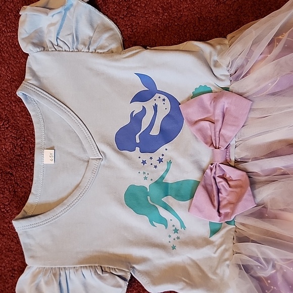 Girls Mermaid Dress With Tulle O Erlay Short Ruffle Sleeve. Light Blue Upper. 5T - Picture 3 of 8